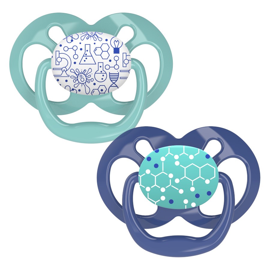 PA22002_Product_F_Advantage_Pacifier_Stage_2_Blue_Chemistry_2-Pack Product image of two space-themed blue and green pacifiers