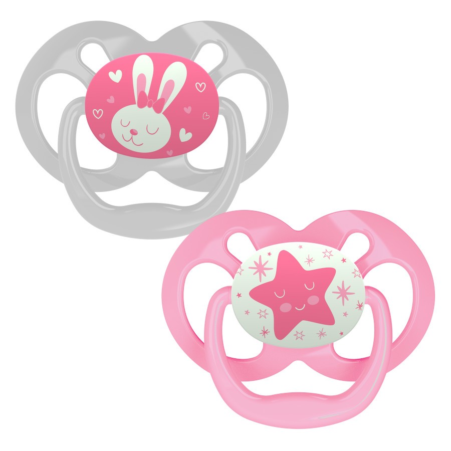 PA22003_Product_Advantage_Pacifier_Stage_2_Pink_Glow_in_the_Dark_1 Product image of two glow-in-the-dark pink pacifiers