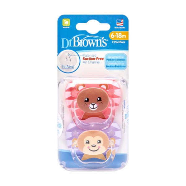 Up close image of pink and purple pacifiers in packaging