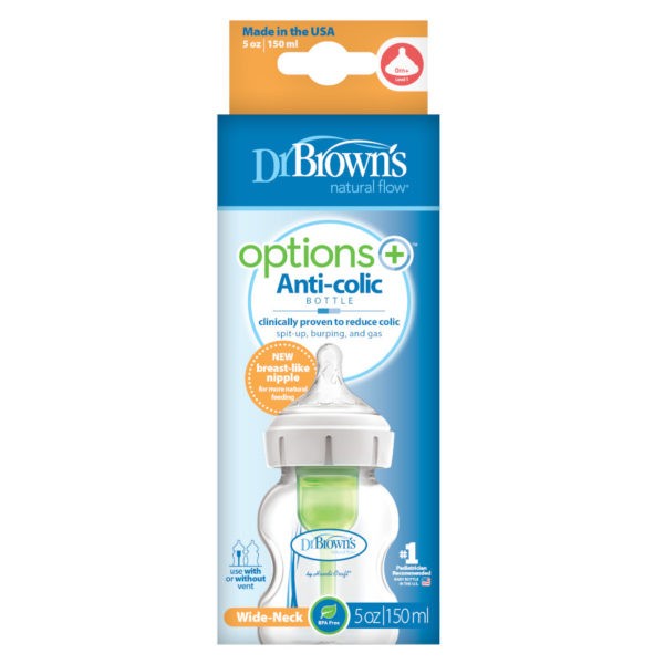 A package of Dr. Brown’s Natural Flow® Options+™ Anti-Colic Wide-Neck Bottle 5 ounce