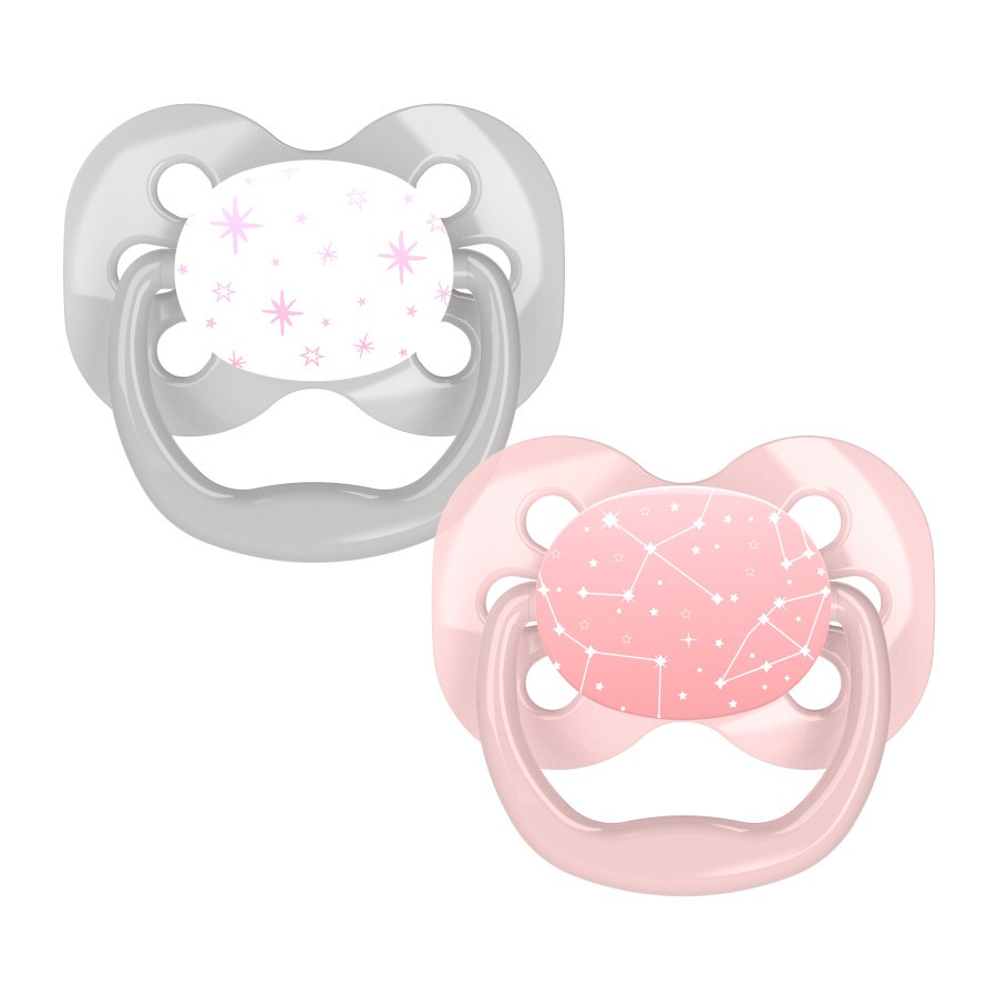 PA12001_Product_F_Advantage_Pacifier_Stage_1_Pink_Stars_2-Pack Product image of two star-themed pink and grey pacifiers