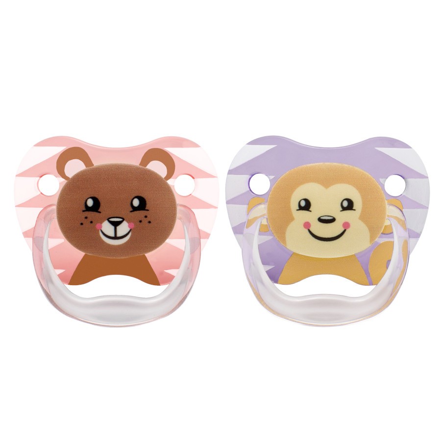 PV22014_Product_PreVent_Printed_Shield_Animal_Face_Stage_2_Pink_Purple_2-pack Up close image of pink bear pacifier and purple monkey pacifier
