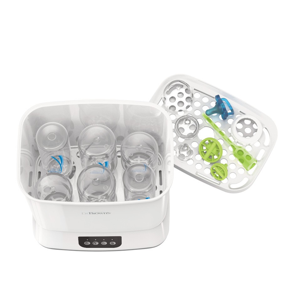AC177_Product_T_Sterilizer_and_Dryer_Downward_View_into_Vessel_and_Tray Top view of sterilizer open with bottles inside and tray out loaded with pacifier, nipples, and parts